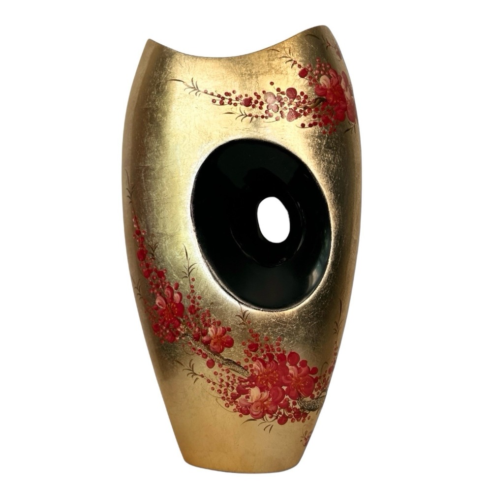 Gold Lacquerware Asian Decor Vase Hand Painted Red Cherry Blossom 12" Modern